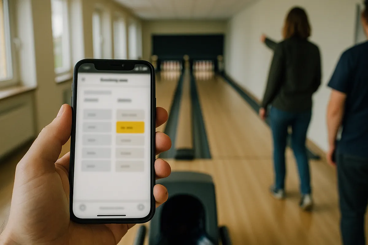 Ruka drží telefon s rezervačním formulářem a zvýrazněnou volnou hodinou, v pozadí připravená bowlingová dráha