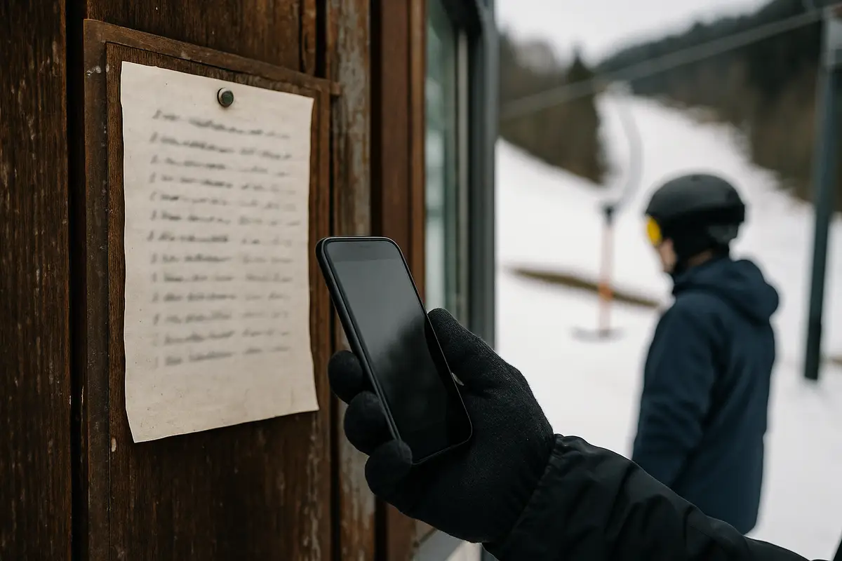 Papírový seznam telefonních čísel připíchnutý u pokladny lyžařského vleku