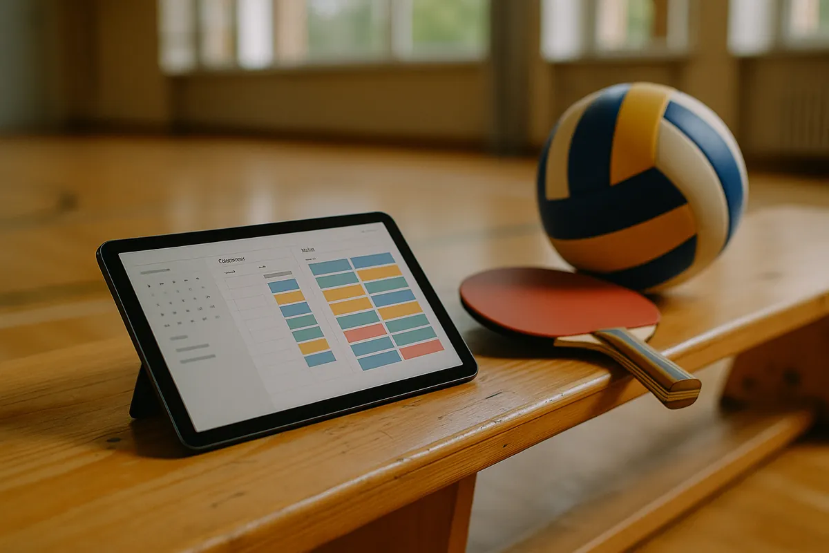 Tablet se dvěma kalendáři vedle sebe na lavičce v tělocvičně, vedle něj volejbalový míč a pálka na stolní tenis